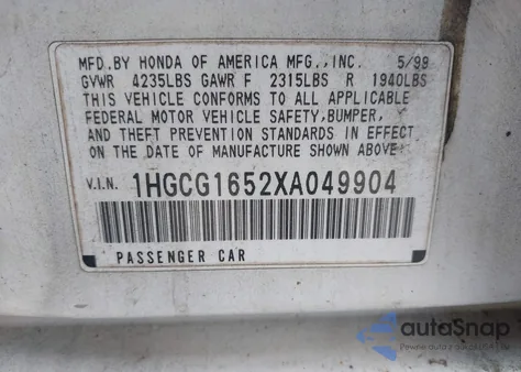 1999 Honda Accord Ex V6 from USA, damaged, VIN 1HGCG1652XA049904